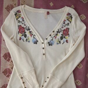 Pilcro Cream Floral Embroidered Long Sleeve Top